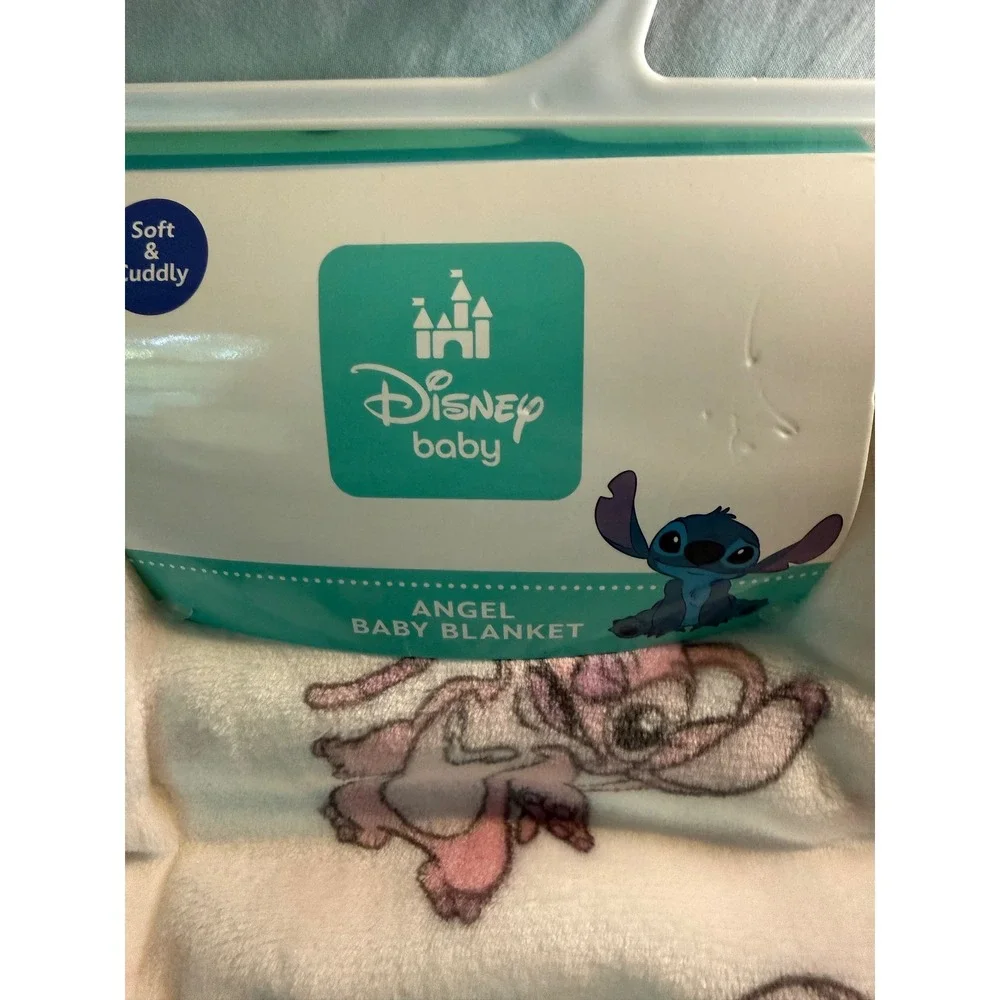 Disney Baby Angel Lilo & Stitch Fleece Blanket White Pink Hearts 30x40 NEW